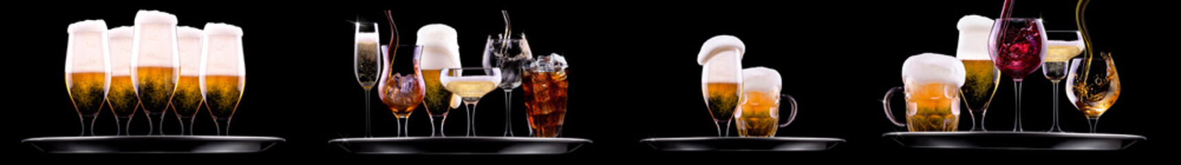 Hand holding tray with different alcohol cocktails isolated on black background