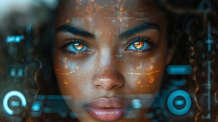 The face of a person looking at innovative future technology