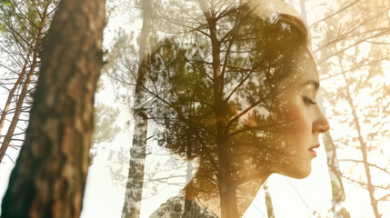 Double exposure of young woman and jungle with many high trees. Creating a serene and harmonious connection between human and nature.