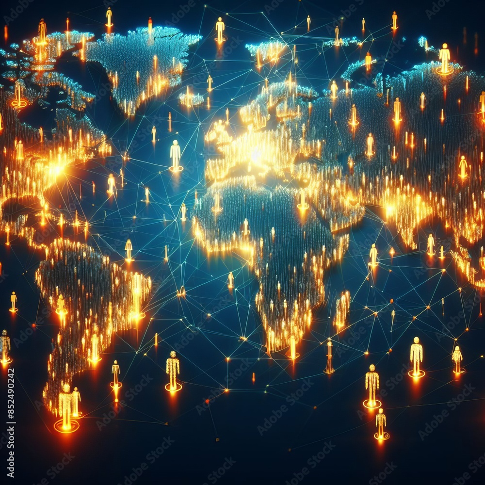 Poster a glowing digital map of the world illustrates interconnected human figures, symbolizing global comm