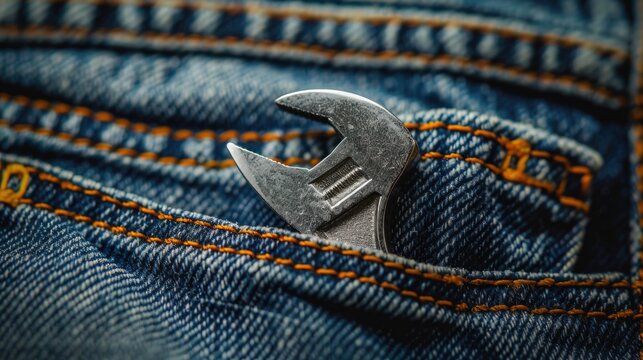 Labor Day theme Close up of wrench in back pocket of blue jeans