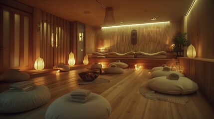 Tranquil Haven: A Serene Room Perfect for Guided Meditation with Soft Cushions and Dim Lighting