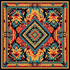 print design in the style of ethnic carpet patterns, Aztec art and African textile designs