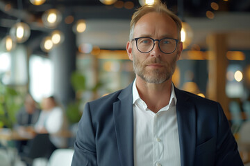 Fototapeta premium Businessman with glasses stands in modern office