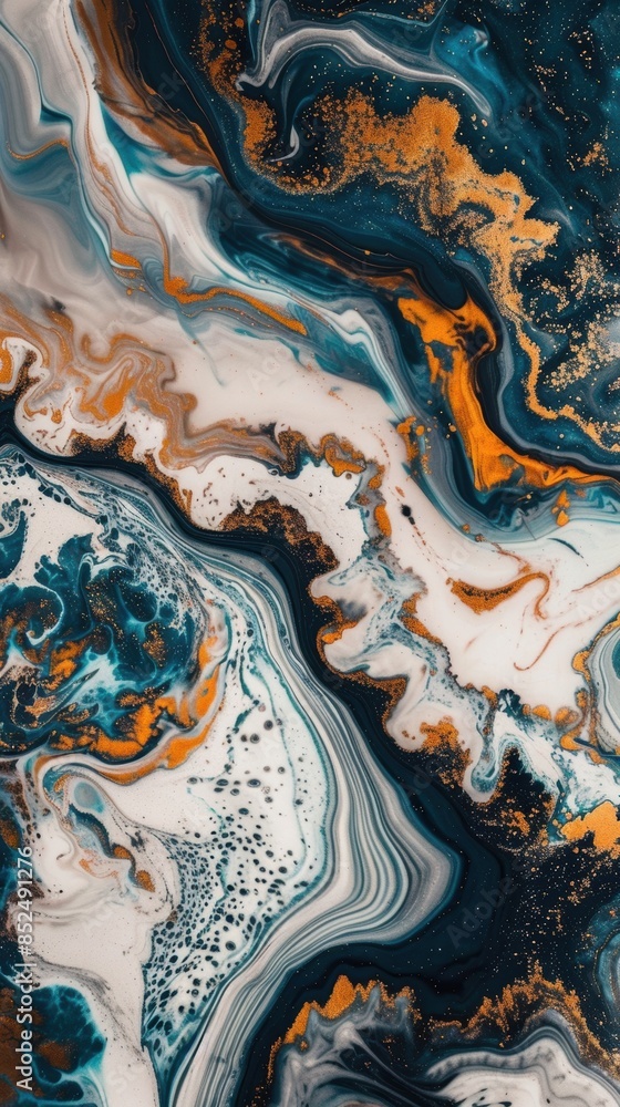 Poster dark abstract fluid painting with gold accents and swirling patterns creating a dramatic and luxurio