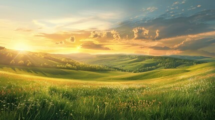 Obraz premium Beautiful summer colorful rustic pastoral landscape panorama. Tall flowering grass on green meadow at sunrise or sunset with beautiful announcement against blue sky