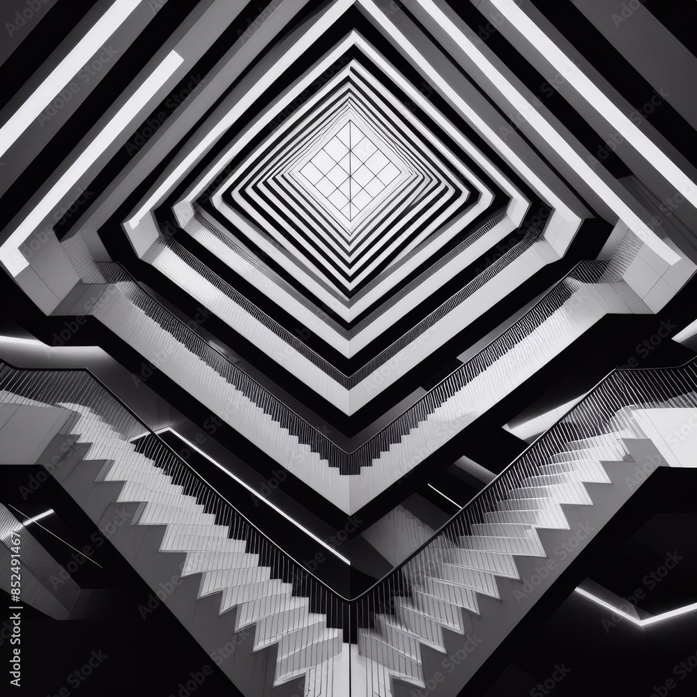 Poster black and white image of a modern architectural staircase featuring a symmetrical and geometric desi