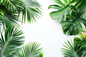 Fototapeta premium Tropical green palm leaves and jungle foliage pattern isolated on a white background, with space for text or design.