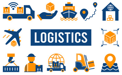 Obraz premium Logistics minimal solid web icon set with Smart Logistics, Water Transport, Forklift and more. Vector illustration eps10.