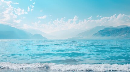 Blurry Seashore with Blue Water and White Sky in Summer Tropical Ocean Stunning Mountain Seascape for Outdoor Vacation