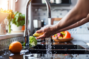 Picture of hands is washing fruit using flow of water from faucet on sink for healthy living. Generative AI