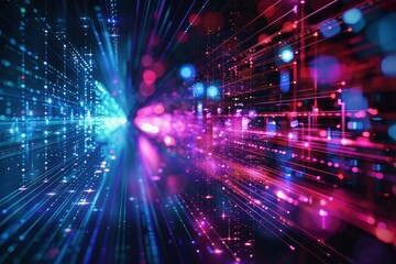 Obraz premium A vibrant and dynamic abstract digital background featuring futuristic neon lights in a mesmerizing array of colors, creating an immersive and high-tech atmosphere