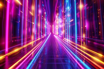 Obraz premium A vibrant and dynamic abstract digital background featuring futuristic neon lights in a mesmerizing array of colors, creating an immersive and high-tech atmosphere