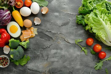 Fresh vegetables, tuna, eggs, and mixed salad greens on a grey stone backdrop, set out in a flat lay composition with space for text.