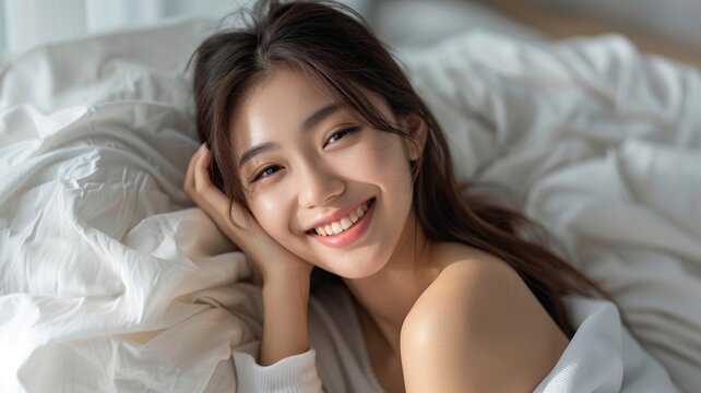 beautiful young asian women smile happy on bed
