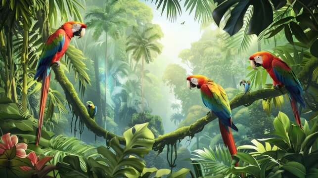 Illustration of a tropical rainforest with parrots
