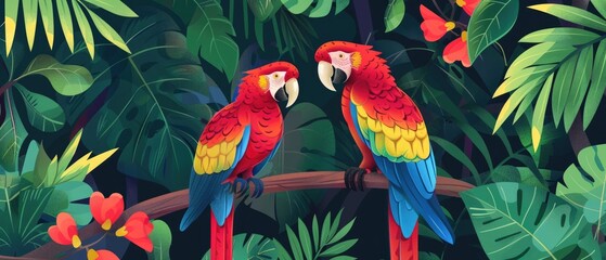 Illustration of a tropical rainforest with parrots