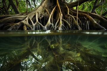 A low-angle photo of mangrove roots in a coastal swamp. The roots are tangled and twisted, emerging from the brackish water