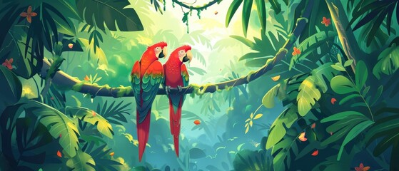 Illustration of a tropical rainforest with parrots