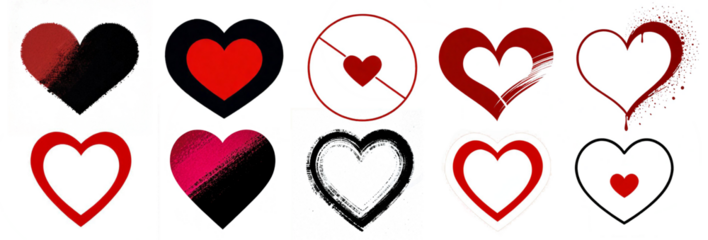 Set of hand-drawn hearts on a transparent background. Illustrated set of 10 hearts in grunge style.