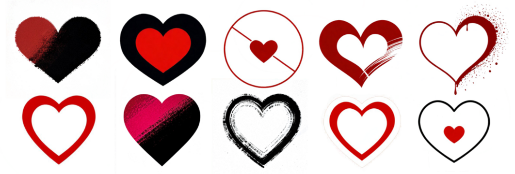 Set of hand-drawn hearts on a transparent background. Illustrated set of 10 hearts in grunge style.