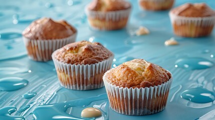 Vanilla caramel muffins in paper cups on blue plastic background very detailed and realistic shape