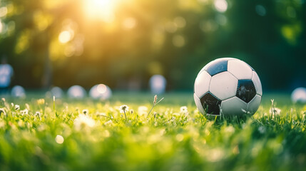 Fototapeta premium EM 2024 soccer Football. Soccer Ball on Lush Green Grass with Bokeh Background. Soccer & Sports Concept