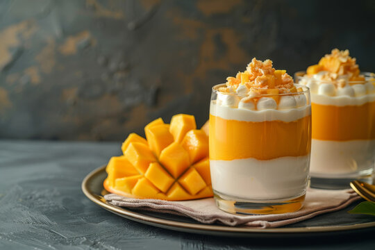 mango cheese milk, delicious dessert with sweet mango and cream cheese served in glasses on dark background
