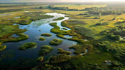 Aerial View of a Serene River Winding Through Lush Green Meadows Photo
