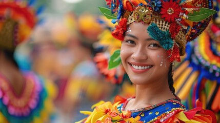 Fototapeta premium A smiling woman in a colorful traditional costume at a festival.