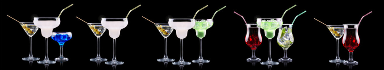 Different alcohol cocktails like beer, martini, soda, champagne, whiskey