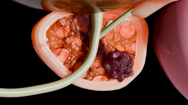 Prostate cancer stages. ancerous cells, malignant tumor compresses urethra. Pathological disruption, genital reproductive system anatomy, bladder Oncological or Urological Disease, bph, 3d render