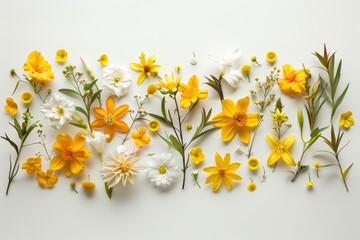 Composition of flowers arranged in a frame, featuring a variety of yellow flowers on a white background. Represents Easter, spring, and summer themes.