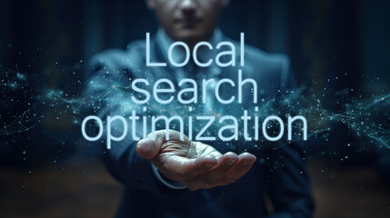 Local search optimization word on the hand of a businessman. Text symbol concept. Copy space.