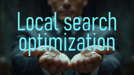 Local search optimization word on the hand of a businessman. Text symbol concept. Copy space.