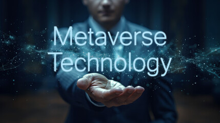 Metaverse Technology word on the hand of a businessman. Text symbol concept. Copy space.
