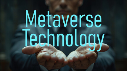 Metaverse Technology word on the hand of a businessman. Text symbol concept. Copy space.