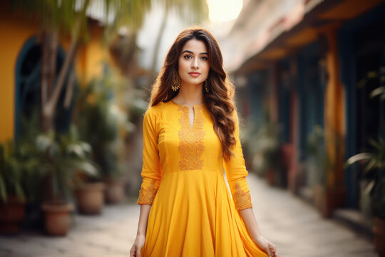 Female model posing outdoors wearing yellow Indian Pakistani Asian traditional salwar kameez