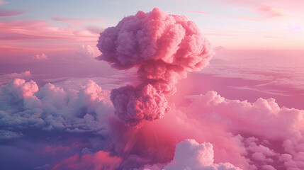the iconic shape of a pink nuclear smoke explosion seen from a distance