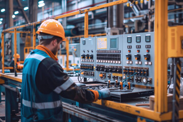 工場現場で技術者が制御パネルの前で働く。Generative AI
