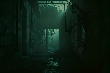 Eerie abandoned corridor with ghostly light and creeping vines, evoking suspense