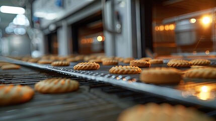 Conveyor transporting raw, uncooked cookies to the oven. Production line for baking