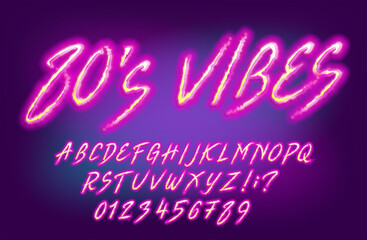 80s Vibes alphabet font. Distort neon color letters. Stock vector typescript for your design.
