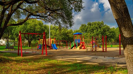 Bright and Colorful Playground with Swings and Slides under Oak Trees