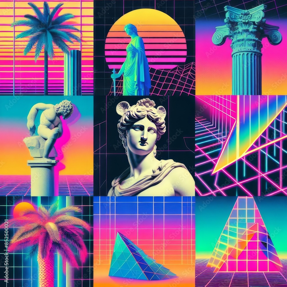 Poster a vivid collage blending retro and futuristic elements, featuring neon colors, classical sculptures,