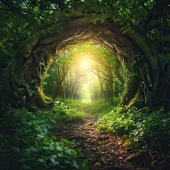 Fleecedeken met foto Enchanted Forest Portal: Surreal Nature Landscape with Glowing Light and Magical Path © Graphi