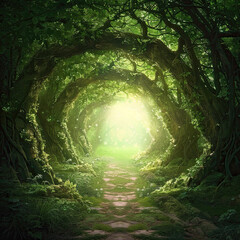 Fototapeta premium Enchanting Fantasy Forest with a Magical Portal and Tree Door, Green Color