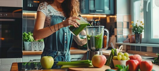 A woman prepares, pours and drinks a green vegetable smoothie using a blender. Healthy lifestyle with young woman preparing mixed smoothie with spinach, apples, celery at home in the kitchen