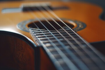 Detailed Shot of Acoustic Guitar and Accessories on Wooden Surface. Musical instrument concept
