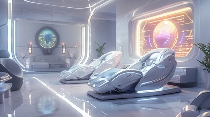 Futuristic medical facility with advanced technology, featuring sleek white pods and high-tech screens for modern healthcare solutions.